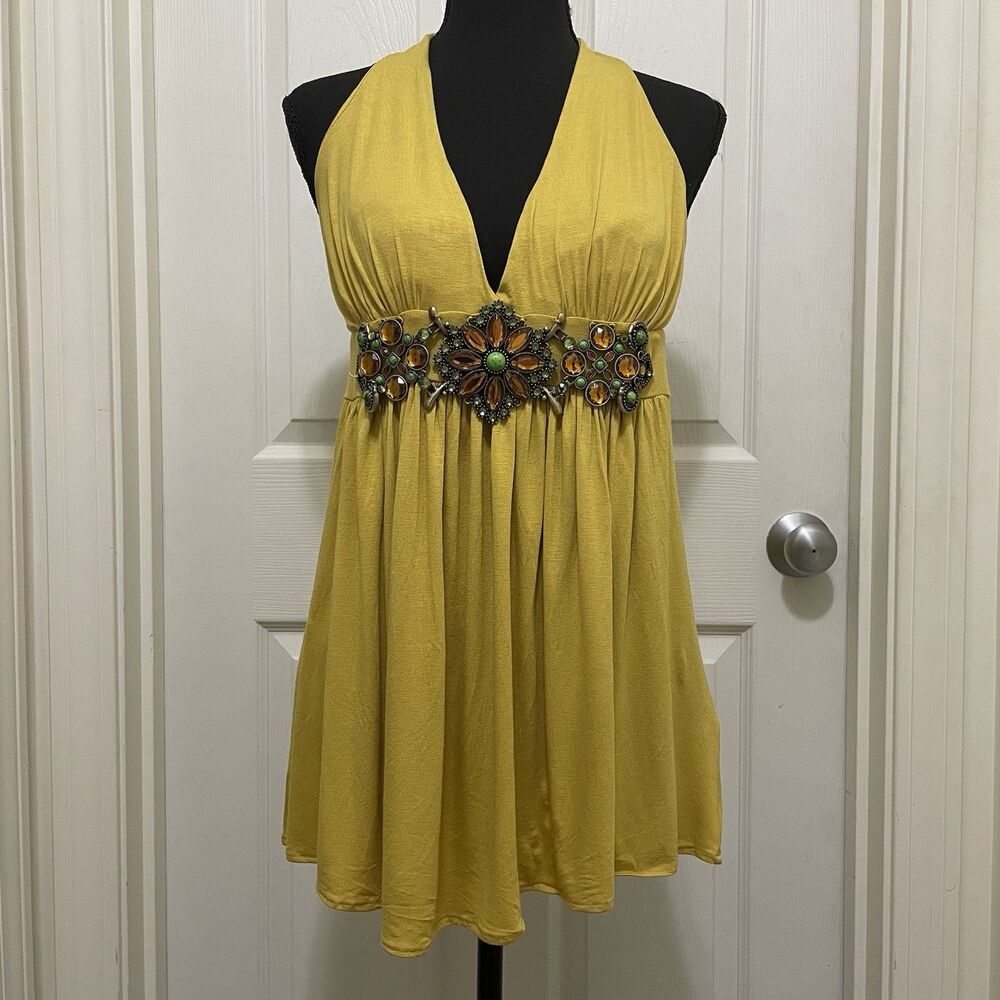 Vintage Love & Love Halter Top Brass Jewel Empire‎ Waist Yellow Boho Y2K Large